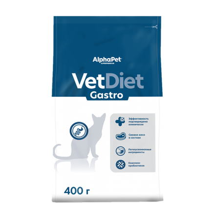 Сухой диетический корм AlphaPet VetDiet GASTRO для взрослых кошек и котов при острых расстройствах пищеварения, в реабилитационный период и при истощении