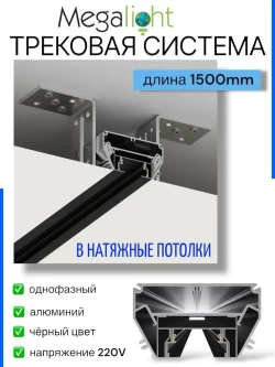 Трековая система освещения CITY 2TRA 220V Чёрный шинопровод осветительный двух-контактный однофазный трек в алюминиевом профиле для натяжных потолков 54x32x1500mm IP20 1.5 м.