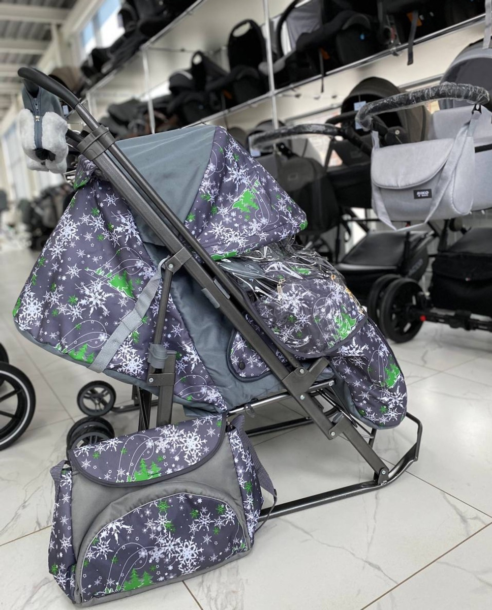 Санки - коляска БЛИЗНЯШКИ с колесами ЕЛКИ НА СЕРОМ