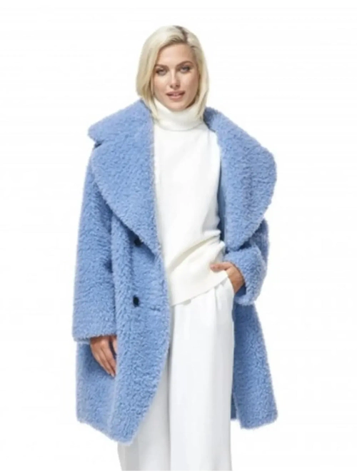 Шуба из шерсти мериноса на зиму экомех, голубая, SilverFox