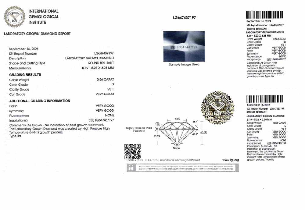 Лабораторно-выращенный бриллиант Кр-57 5.19-5.23 мм D/VS1 0.56 ct