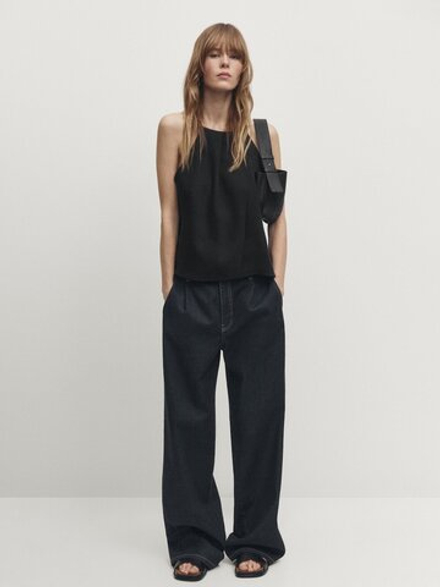 Massimo Dutti Короткий топ из льняной смеси, черный