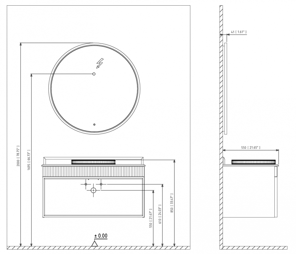 Тумба с раковиной ORKA Molino 100 подвесная, белый матовый, 2 ручки в комплекте золото и хром