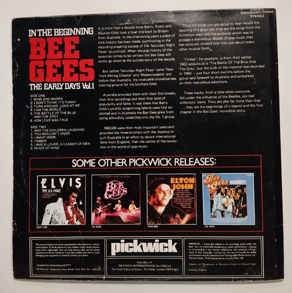 Винтажная виниловая пластинка LP Bee Gees In The Beginning The Early Days Vol. 1 (UK 1978)