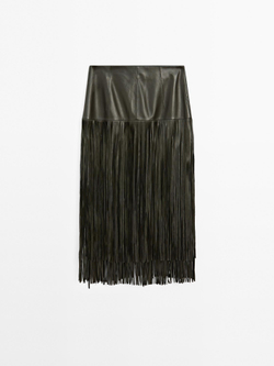 Massimo Dutti Юбка миди из кожи наппа с кисточками, зеленый