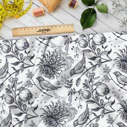 Ткань лен эскизные птицы с веткой граната