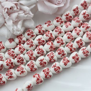 Бусина Сердце, керамика, белая с красной росписью, 12 мм, 1 шт, Ф050