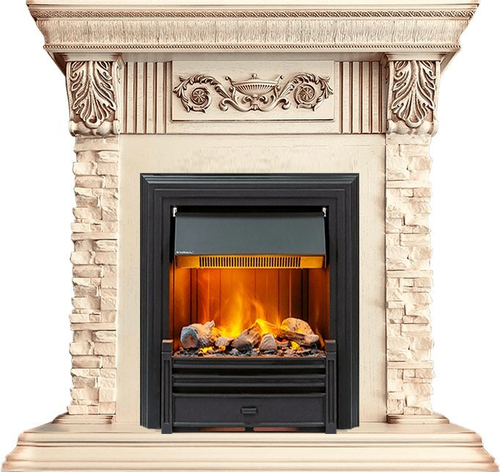 Каминокомплект Luxemburg (каменный) - Сланец/Cлоновая кость с патиной с очагом Brookline Black