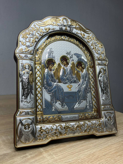 Св. Троица, икона арочная с рамкой под стеклом, красное дерево 206х270