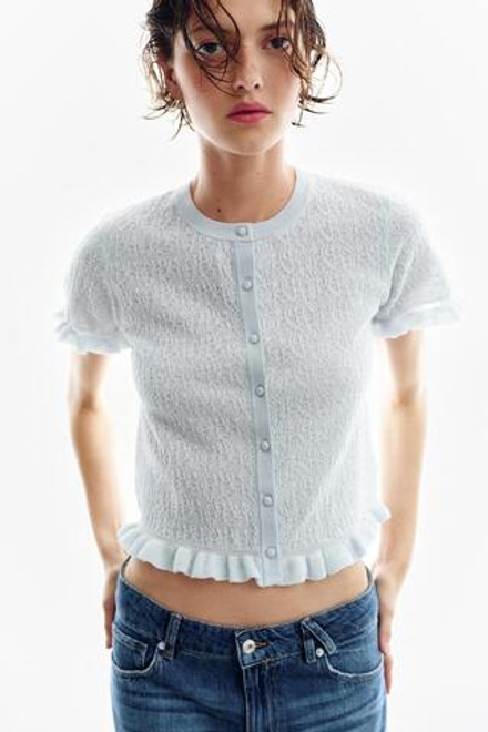 ZARA ВЯЗАНЫЙ КАРДИГАН С ВОЛАНАМИ, ГОЛУБОЙ