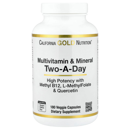 California Gold Nutrition, мультивитамины и минералы с метилом B12, витамином C, L-метилфолатом и биокверцетином, для приёма два раза в день, 180 растительных капсул