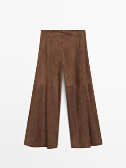 Massimo Dutti Расклешенные брюки из замши и кожи, коричневый