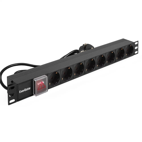 Блок розеток горизонтальный ExeGate ServerPro PDU-19H802 Al-8S-EU1.8-SW, 19", 1U, Алюминий 8 Schuko кабель с евровилкой 1.8 метра, выкл. с подсветкой, черный