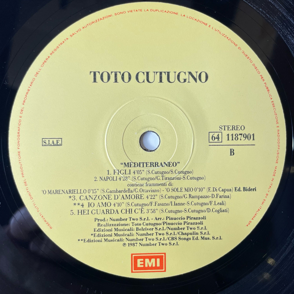 Винтажная виниловая пластинка LP Toto Cutugno Mediterraneo (Италия 1987)