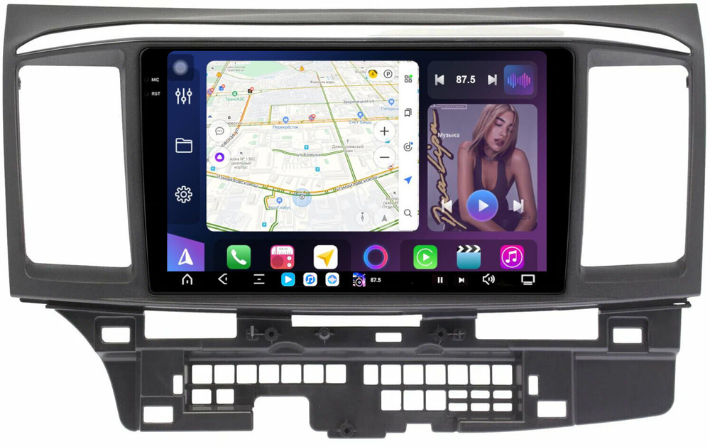 Магнитола для Mitsubishi Lancer X 2007-2016 (рамка 9) - FarCar XXL037-9/3281M монитор 9.5" 2K QLED на Android 14, TS20, 8+256Гб, CarPlay, 4G SIM-слот