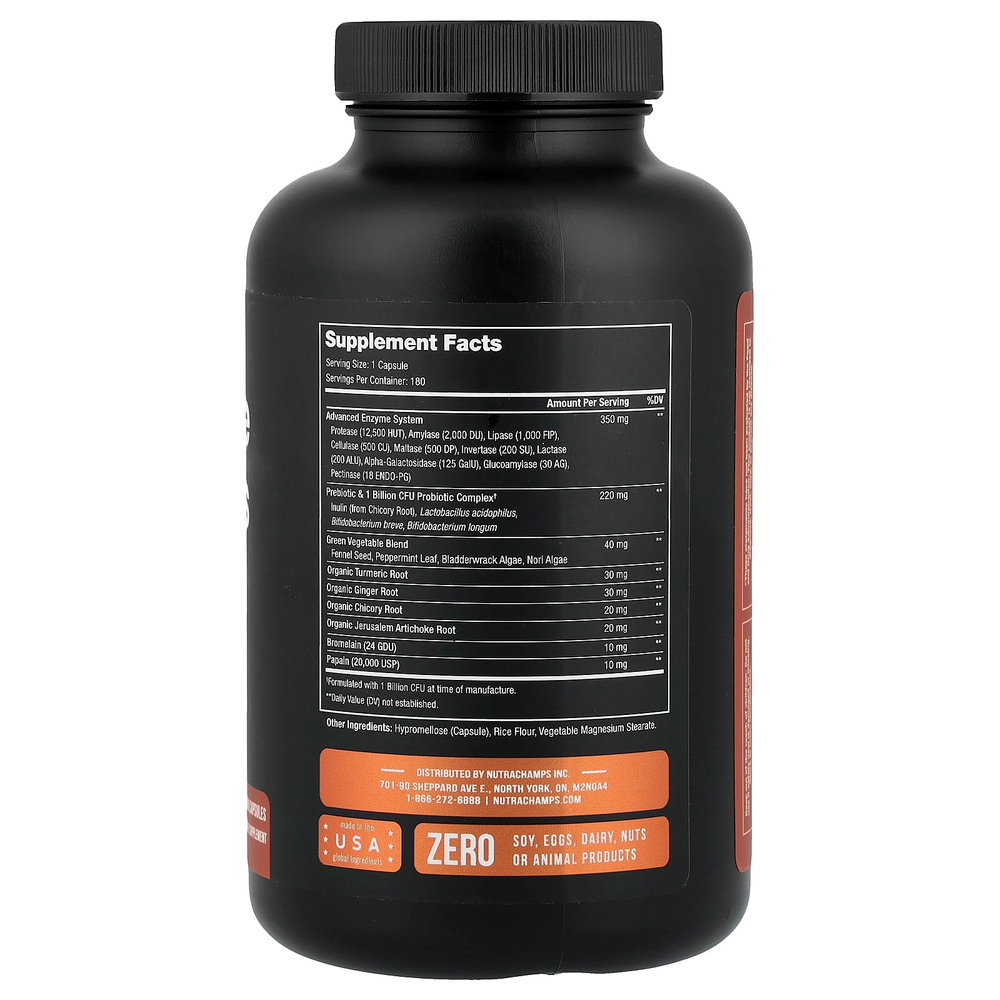 NutraChamps, пищеварительные ферменты с пребиотиками и пробиотиками, 180 веганских капсул