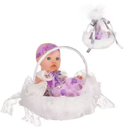 Пупс в корзинке, с аксессуарами, пьет и писает, цвет  сиреневый