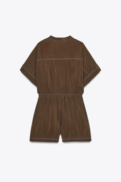 ZARA КОРОТКИЙ КОМБИНЕЗОН С ДЕКОРАТИВНОЙ СТРОЧКОЙ, КОРИЧНЕВЫЙ