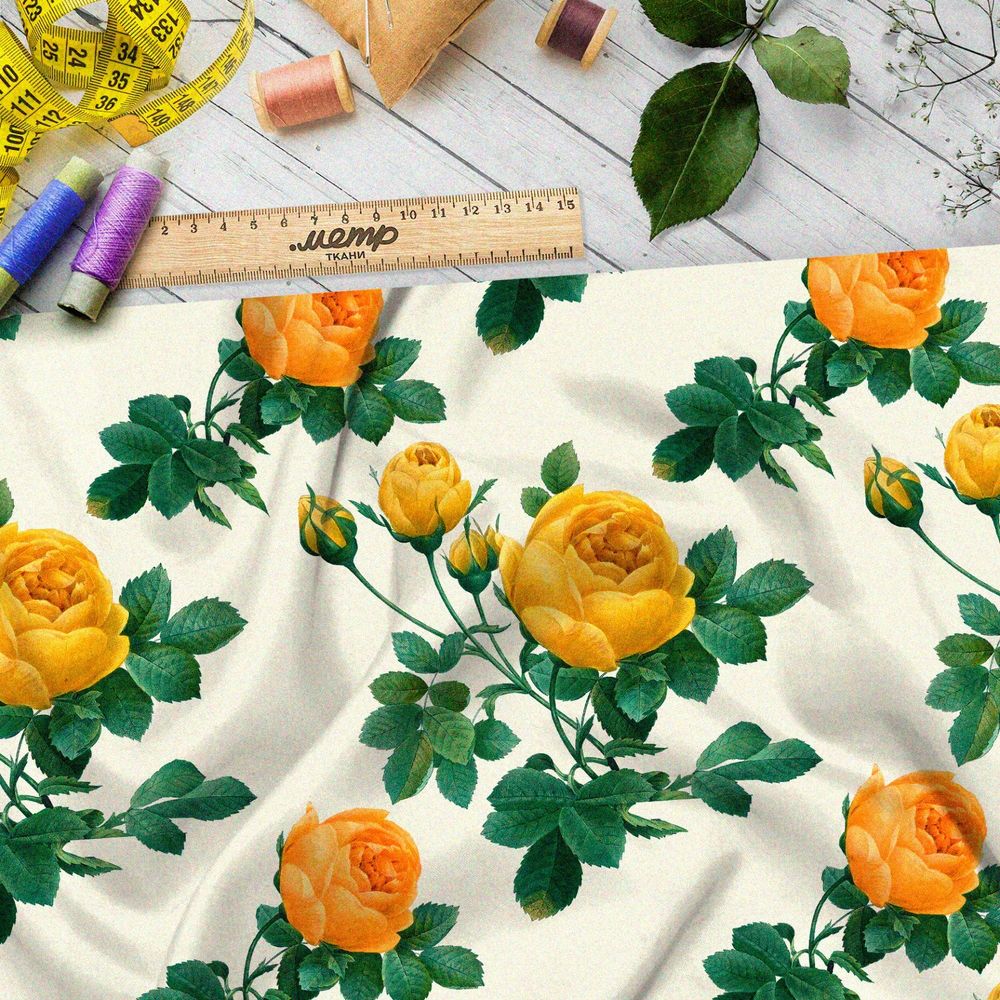 Ткань флис жёлтые розы на бежевом фоне