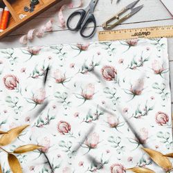 Ткань габардин клевер с листьями акварельный