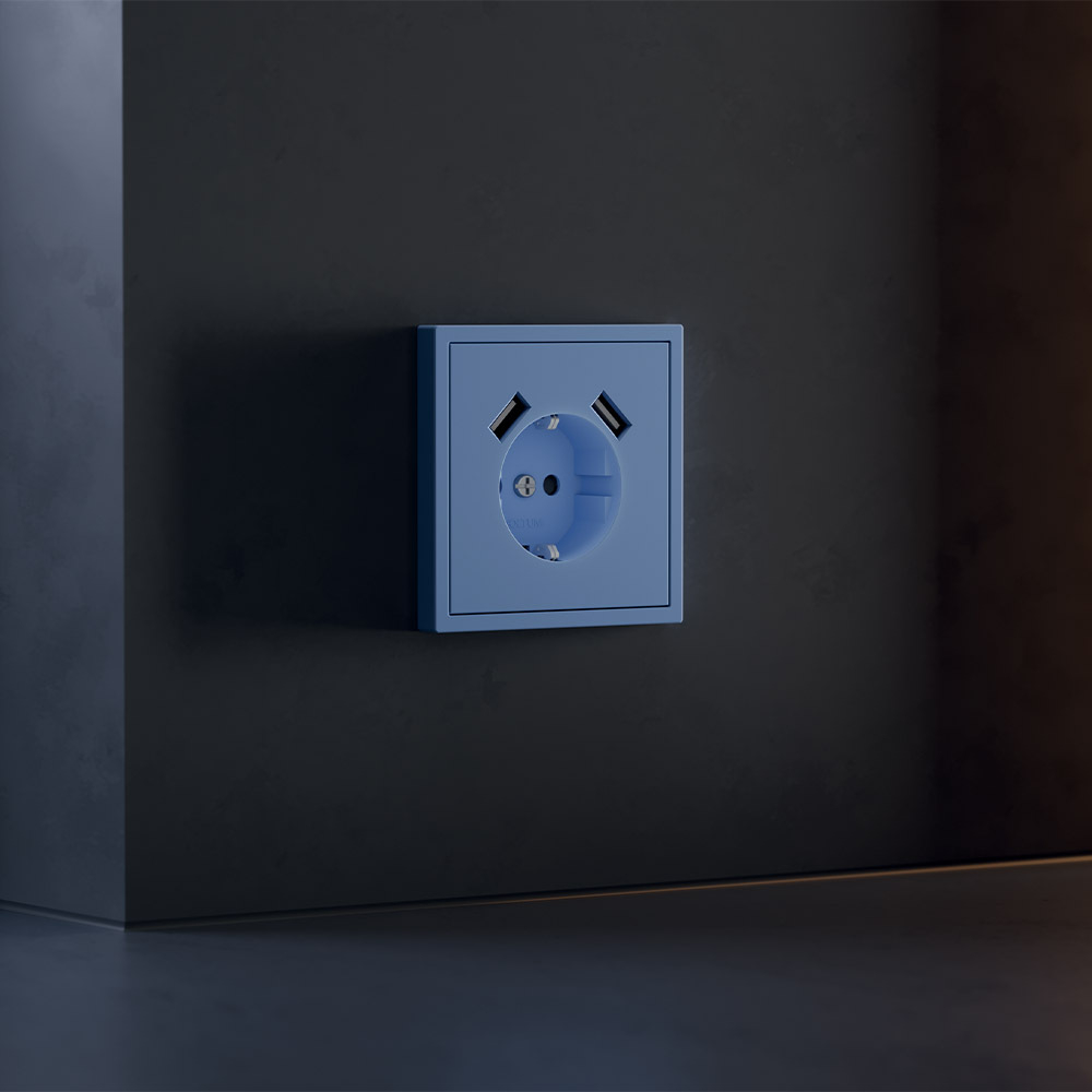 Накладка для розетки с заземлением и защитными шторками, с USB A+A, (деним) Voltum S70 VLS000915