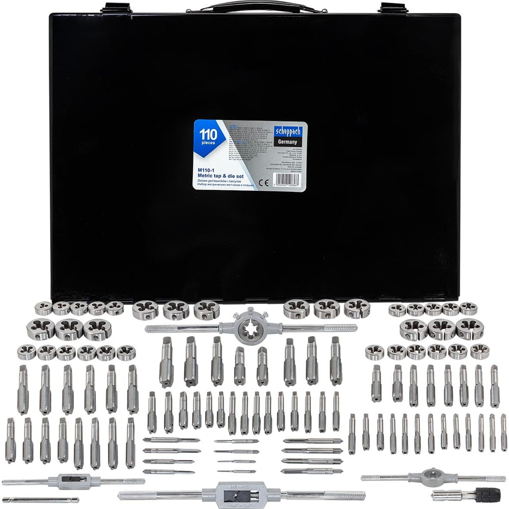 Набор метчиков и плашек Scheppach 110 предметов (2x0.4,3x0.5,4x0.7,5x0.8,6x0.75-1,8x0.75-1,25,9x0.75-1.25,10x0.75-1.5,11x0.75/1/1.25/1.5, 12x0.75-1.75,14x1-2,16x1-2,18x1.5) Sch-M110-1(64898)