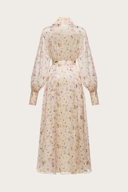 ПЛАТЬЕ-ХАЛАТ ИЗ ЖЕЛТОЙ ШЕЛКОВОЙ ОРГАНЗЫ С АВТОРСКИМ ПРИНТОМ