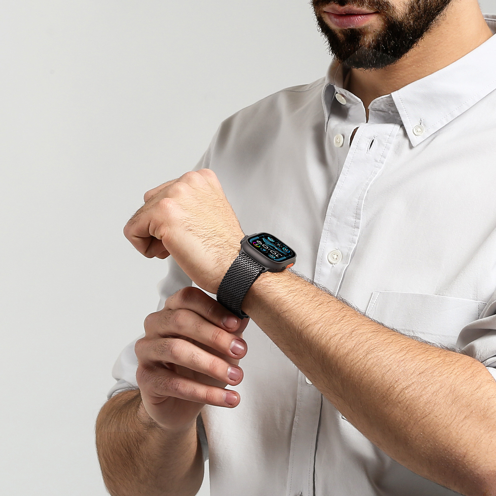 Ремешок из нержавеющей стали серого цвета (Gun-grey) от Dux Ducis для смарт часов Apple Watch 42, 44, 45, 46, 49мм, серия Milanese Air Series (миланская петля)