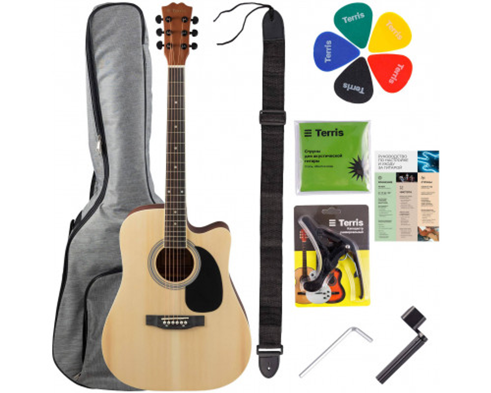 TERRIS TD-045 NA Starter Pack - набор гитариста: акустическая гитара натурального цвета и комплект аксессуаров: чехол, медиатор, вертушка, ремень, капо, струны.