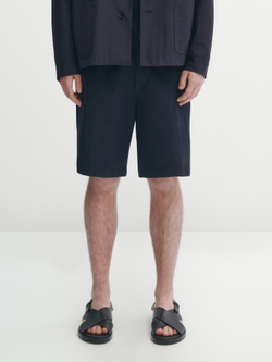 Massimo Dutti Шорты из хлопка и льна на шнурках, темно-синий