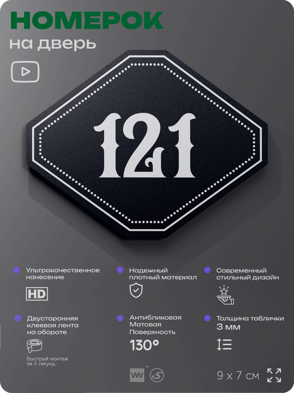 Номерок на дверь квартиры 121, для кабинета, офиса, шильдик 9 х 7 см, черный, Айдентика Технолоджи