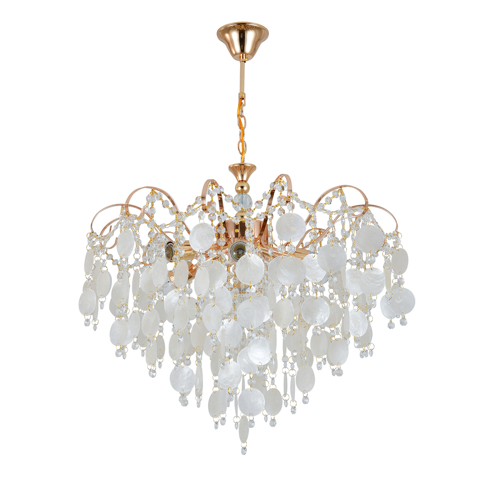 Люстра подвесная 6x60Вт Е27, металл/перламутр/хрусталь, золото/матовый/прозрачный