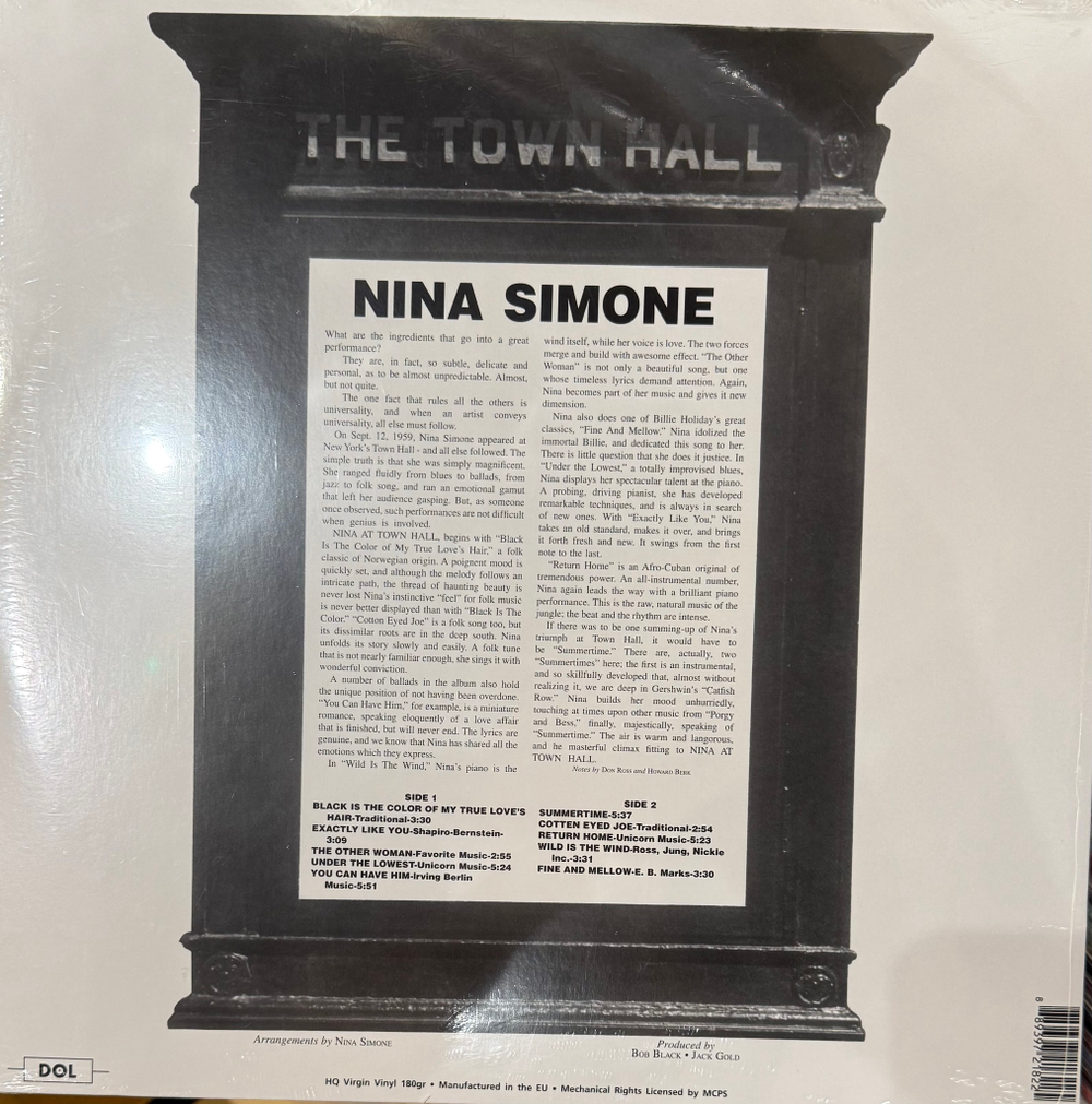 Виниловая пластинка Nina Simone ‎– Nina Simone At Town Hall LP