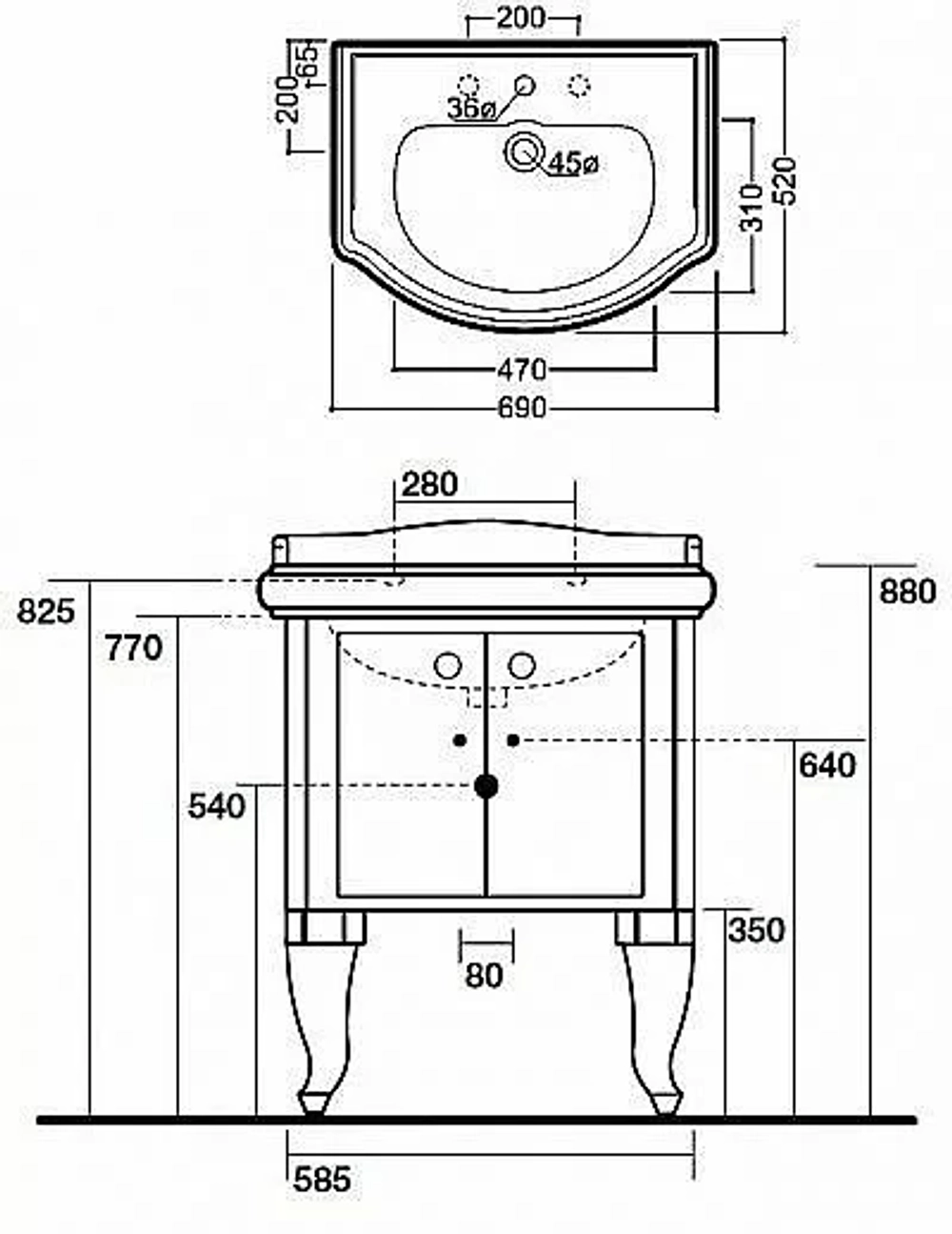 Тумба с раковиной Kerasan Retro 7361K5 69 белый глянец с 1 отверстием