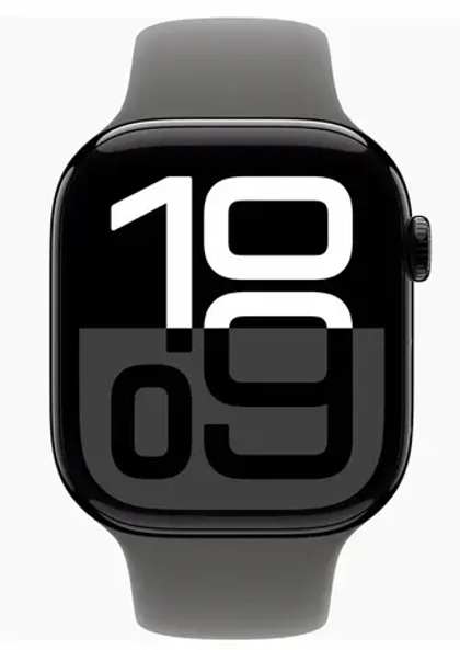 Apple Watch Series 10, 42 мм, алюминий цвета «чёрный глянец», спортивный ремешок цвета "Stone Gray"