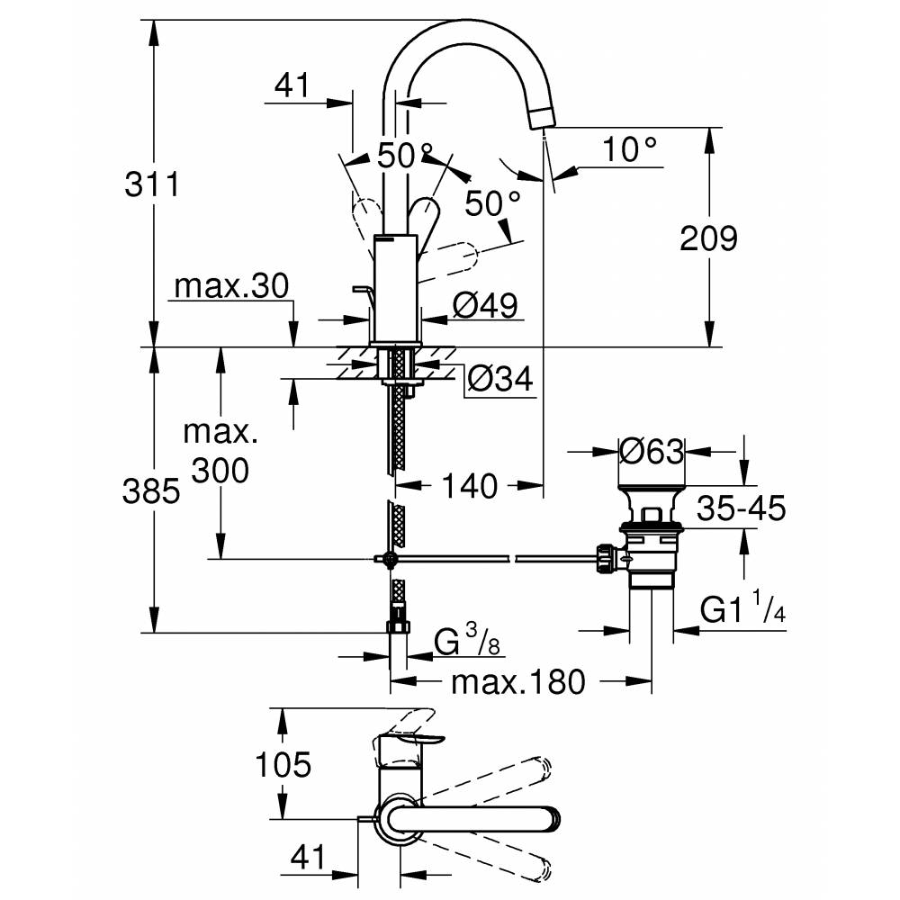 Смеситель для раковины с донным клапаном GROHE BauEdge 23760000