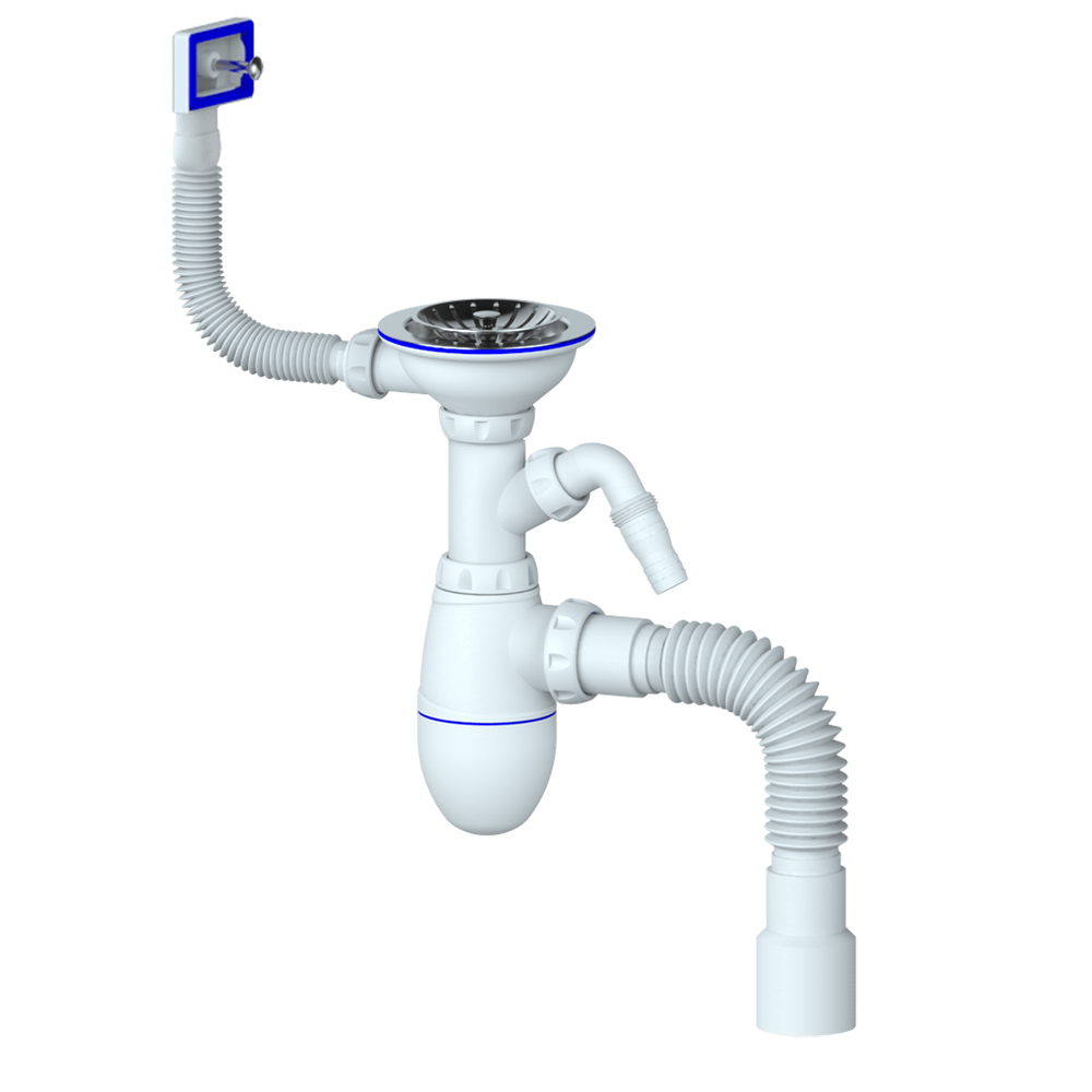 Сифон UNICORN для мойки, отвод для стир. маш. прямоуг. перелив,чашка нерж Ø 115, ручка-пластик B435VP