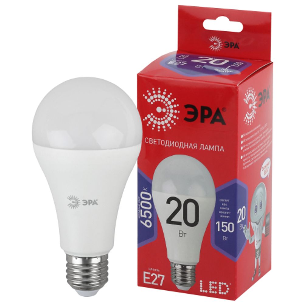 Лампа светодиодная ЭРА RED LINE LED A65-20W-865-E27 R 20Вт груша холодный дневной свет Е27 | Лампы cветодиодные Груша (A)