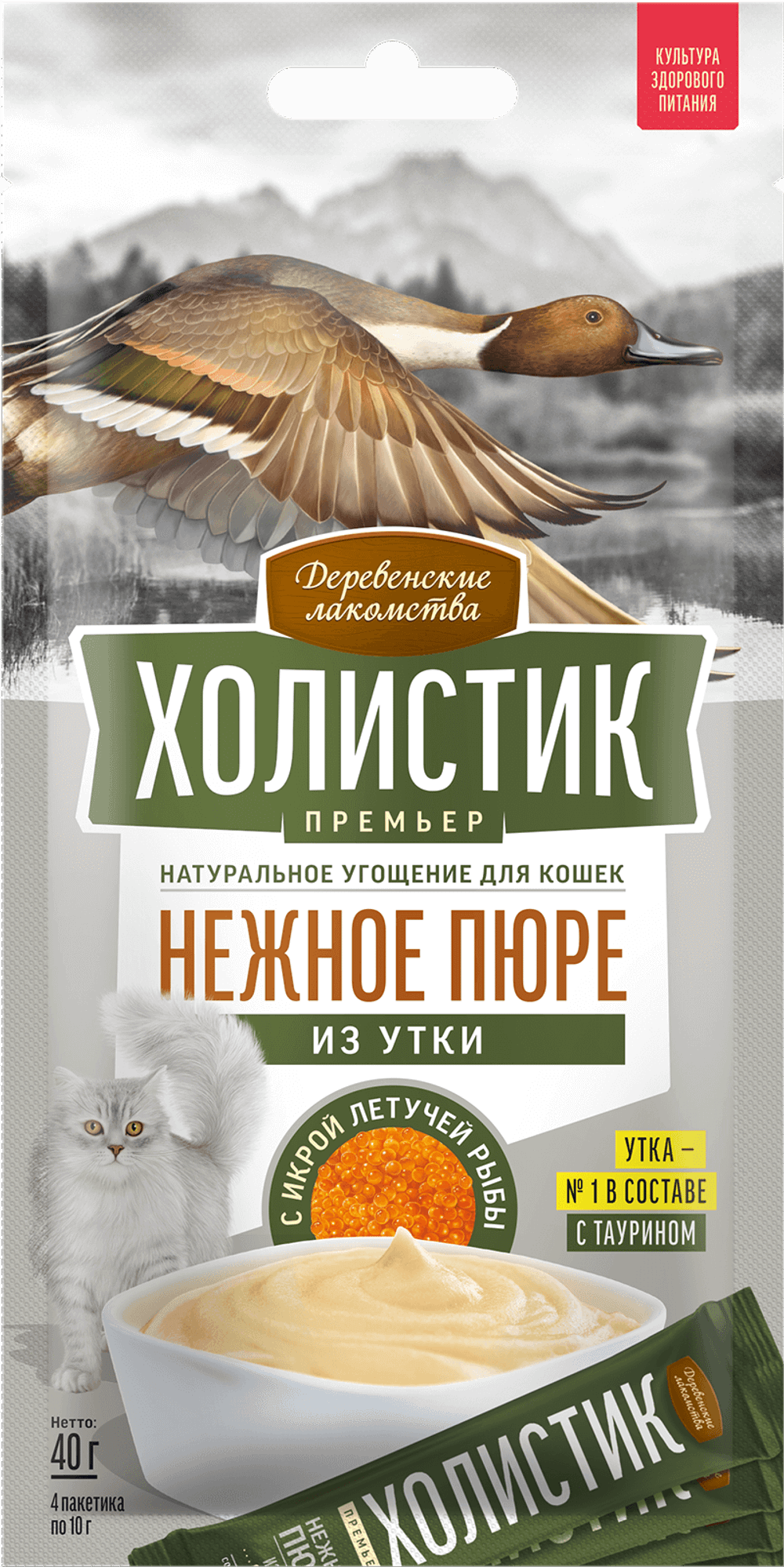 Деревенские Лакомства д/кошек "Нежное пюре из Утки с Икрой летучей рыбы", 4шт