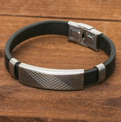 Браслет унисекс "Стиль" прямоугольник с узором, цвет чёрный в серебре