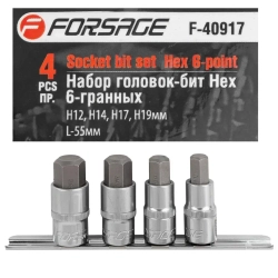 Набор головок-бит Hex 6-гранных, 4 пр. (Н12,Н14,Н17,Н19мм, L-55мм) 1/2'', на планке Forsage F-40917