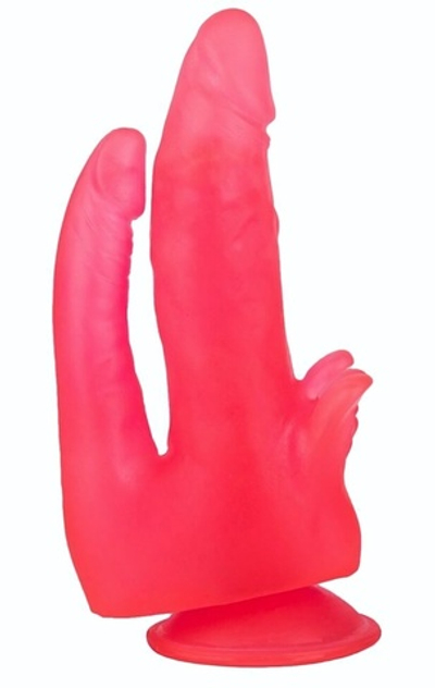 Розовый двойной фаллоимитатор с лепестками и присоской - 17 см. (Цвет: розовый)