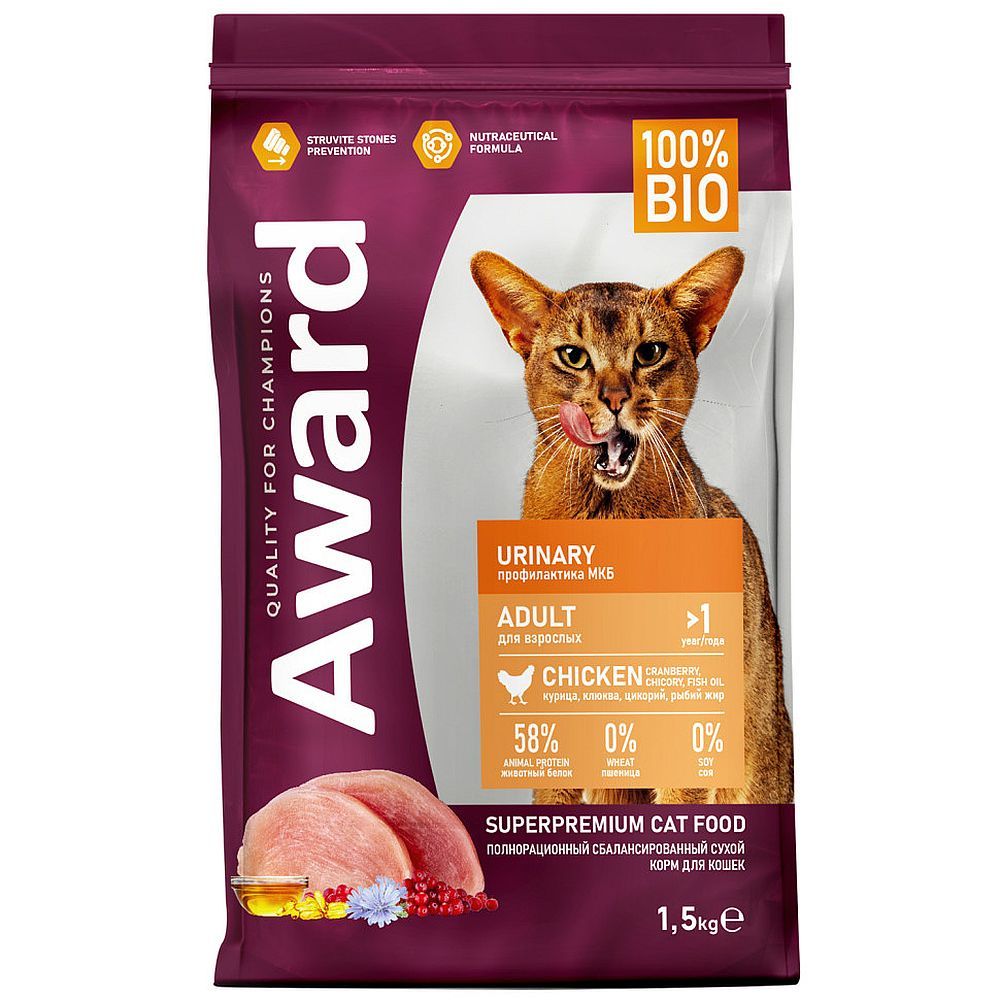 Сухой корм AWARD Urinary для кошек с курицей с добавлением клюквы, цикория и рыбьего жира, Пакет 1,5 кг