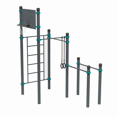 Спортивный комплекс: два турника, брусья, баскетбольный щит, кольца, шведская стенка — Сабетта