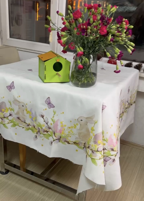 Ткань для скатерти "Пасхальные зайчики" (линенс) панно 140*170