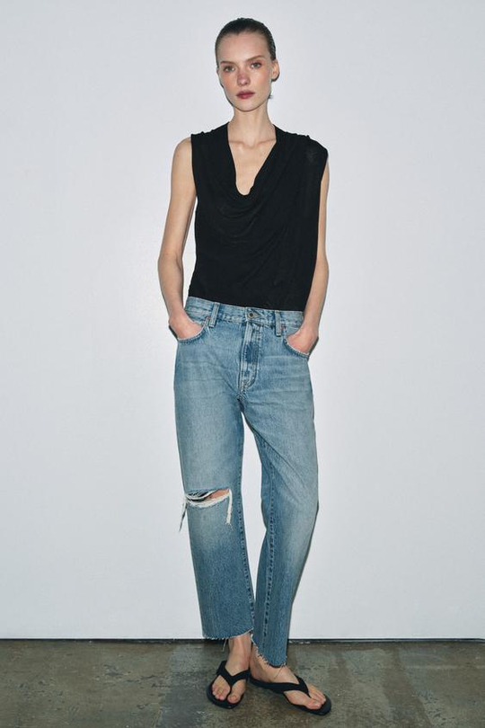 ZARA ДЖИНСЫ ZW COLLECTION ПРЯМОГО КРОЯ СО СРЕДНЕЙ ПОСАДКОЙ И РВАНЫМИ ДЕТАЛЯМИ, СИНИЙ