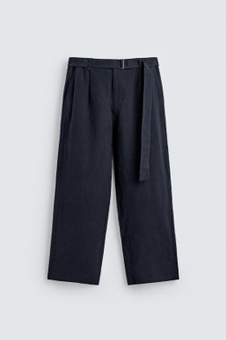ZARA БРЮКИ СВОБОДНОГО КРОЯ ИЗ 100% ЛЬНА С РЕМНЕМ, МОРСКОЙ СИНИЙ