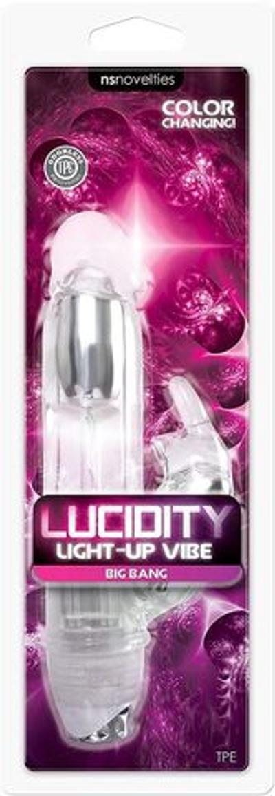 Прозрачный вибратор с клиторальным зайкой Lucidity Big Bang Light Up Vibe - 16 см. (Цвет: прозрачный)