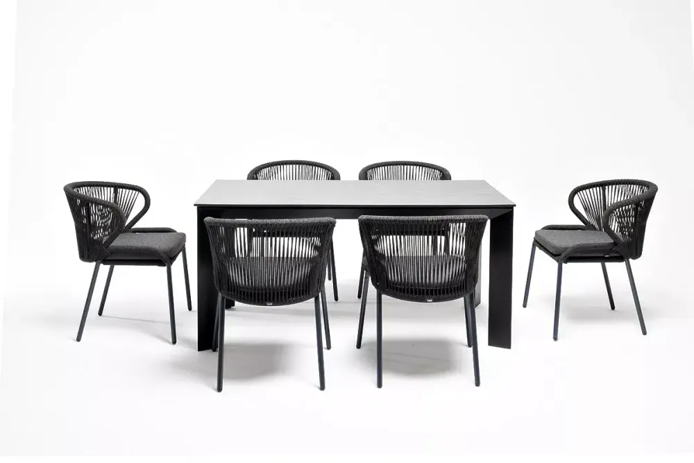 "Венето" обеденная группа на 6 персон со стульями "Милан", каркас темно-серый, роуп темно-серый