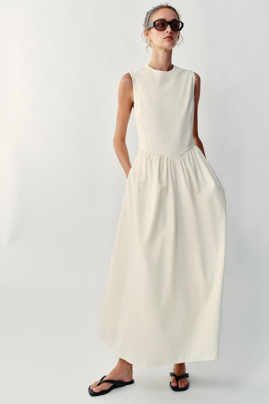 ZARA КОМБИНИРОВАННОЕ ПЛАТЬЕ МИДИ, ЭКРЮ